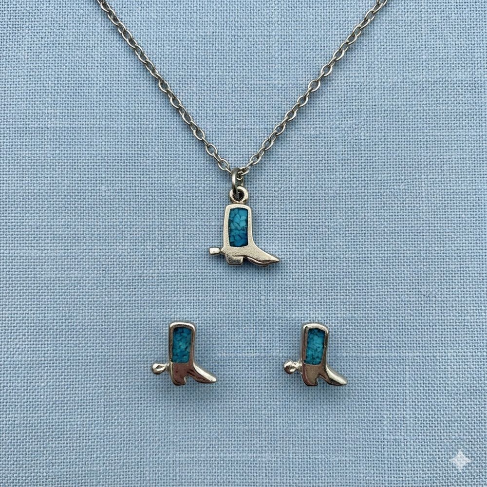 Vintage Crushed Turquoise Chip Inlay Cowboy Boot Pendant Necklace & Earrings